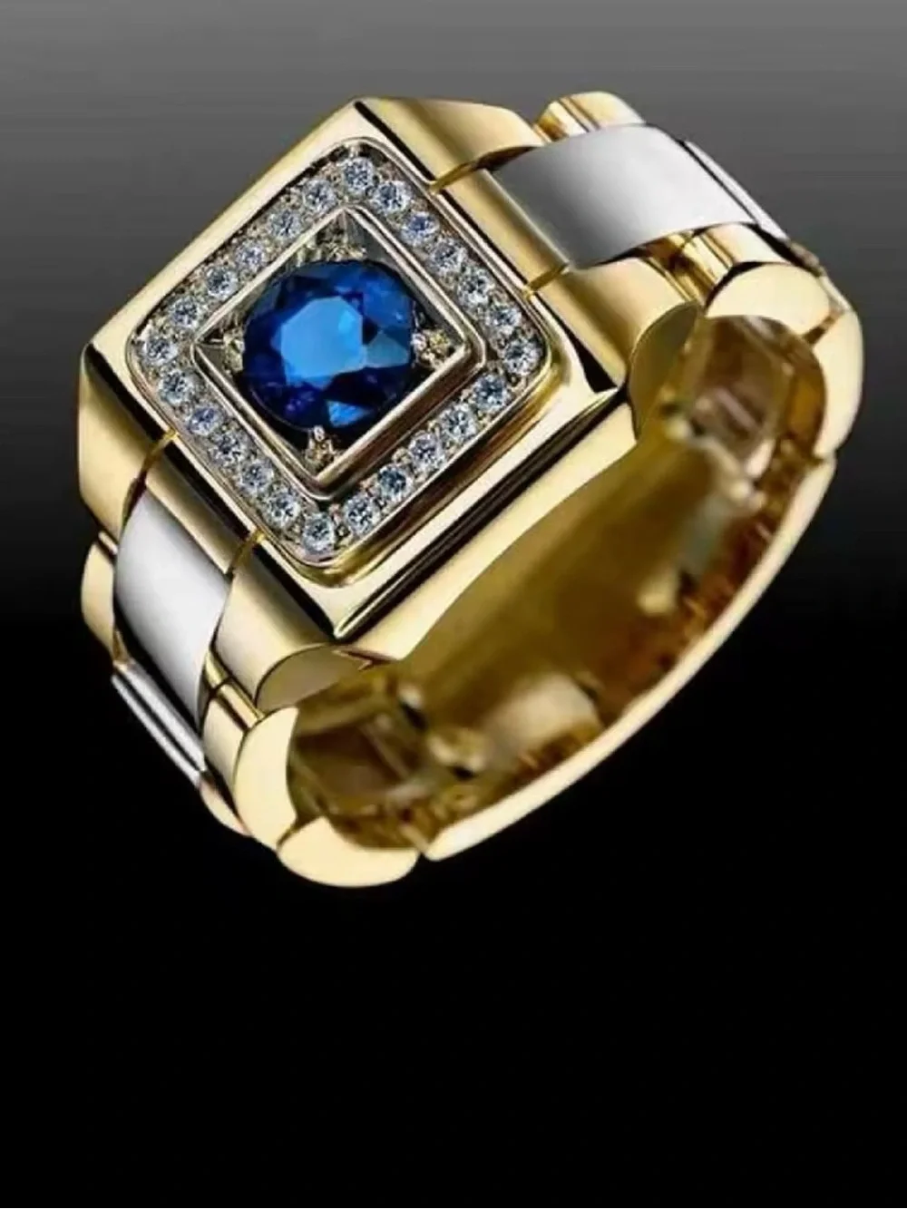 Gold and Silver Men's Fashion Ring with Blue Center Stone NWOT